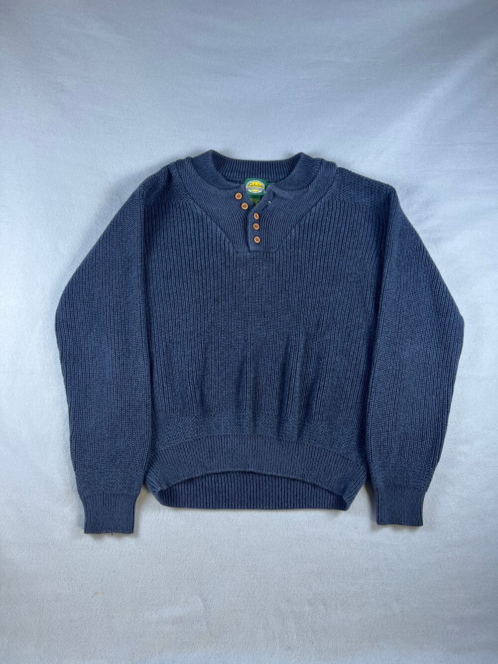 Cabela's Sweater Mens M Navy Blue Henley Chunky Knit Ribbed Pullover Heavyweight
